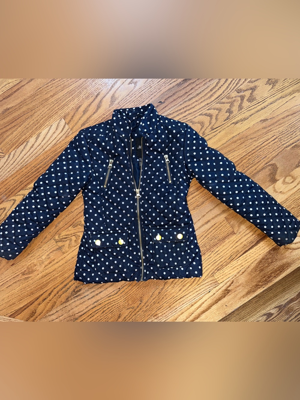 Me Jane Girls Size 5 Navy Polka Dot Quilted Jacket Gold Zippers